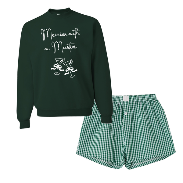 Merrier than a Martini Green Sweatshirt Checkered Boxer Shorts Set