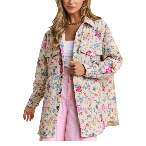 Floral Quilt Stitch Oversized Button Down Jacket