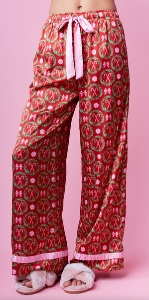 Festive Wreath Print Bow Satin Pajama Set