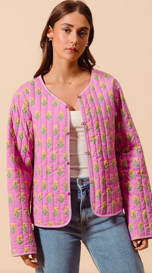 Floral Rose Print Quilted Button Front Jacket