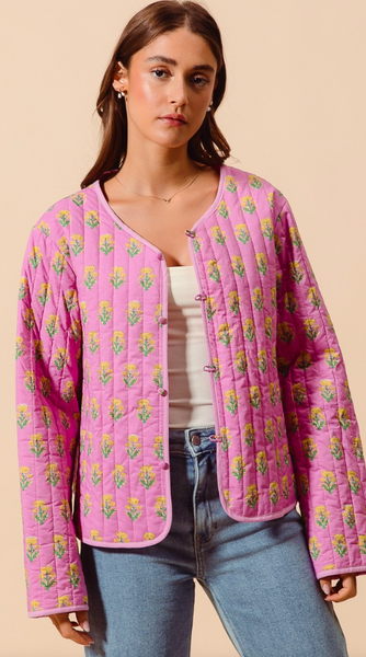 Floral Rose Print Quilted Button Front Jacket