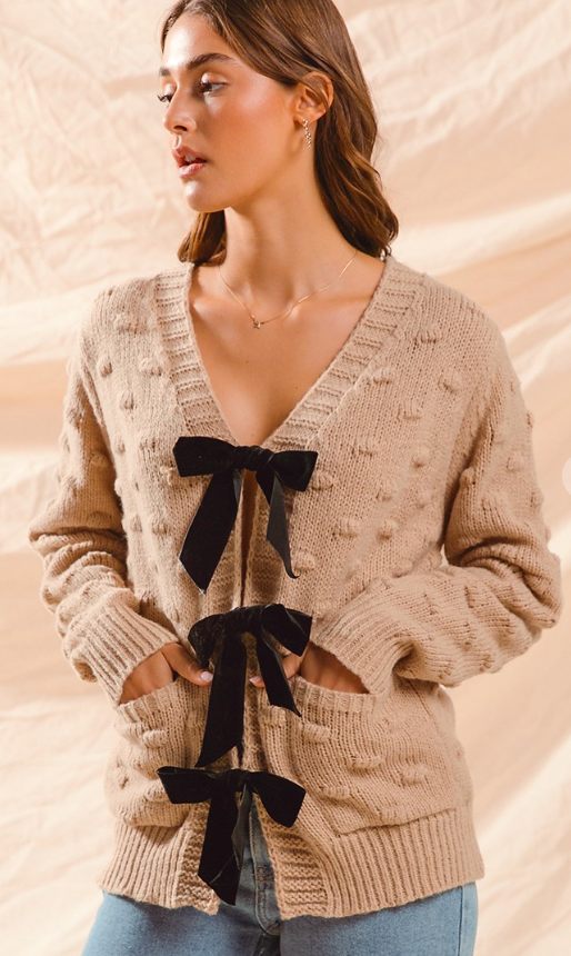 Tan Ribbon Bow Tie Front Bubble Textured Cardigan