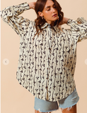 Bow Ribbon Print Woven Button Up Shirt