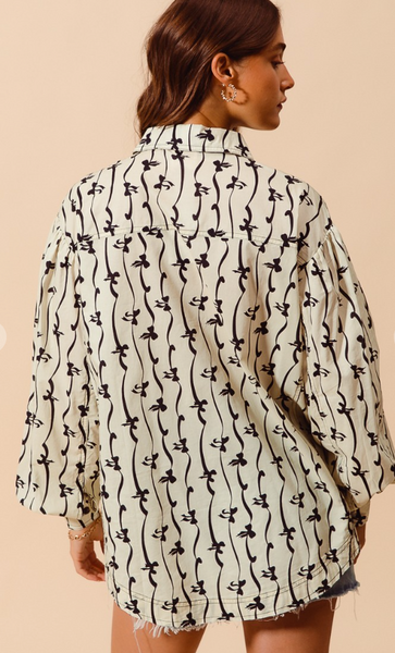 Bow Ribbon Print Woven Button Up Shirt